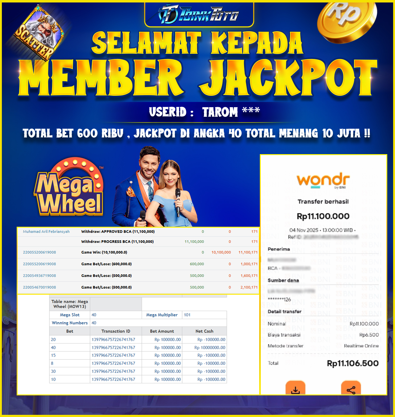 TOINKTOTO JACKPOT GAME CASINO MEGA WHEEL Rp.11.100.000.,- LUNAS